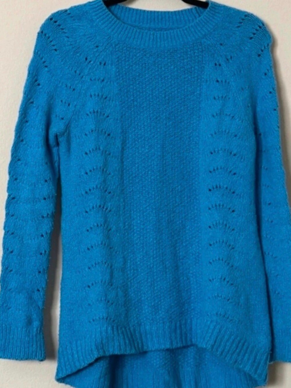 LOFT Bright Blue Pointelle- Sleeve Crewneck Sweater